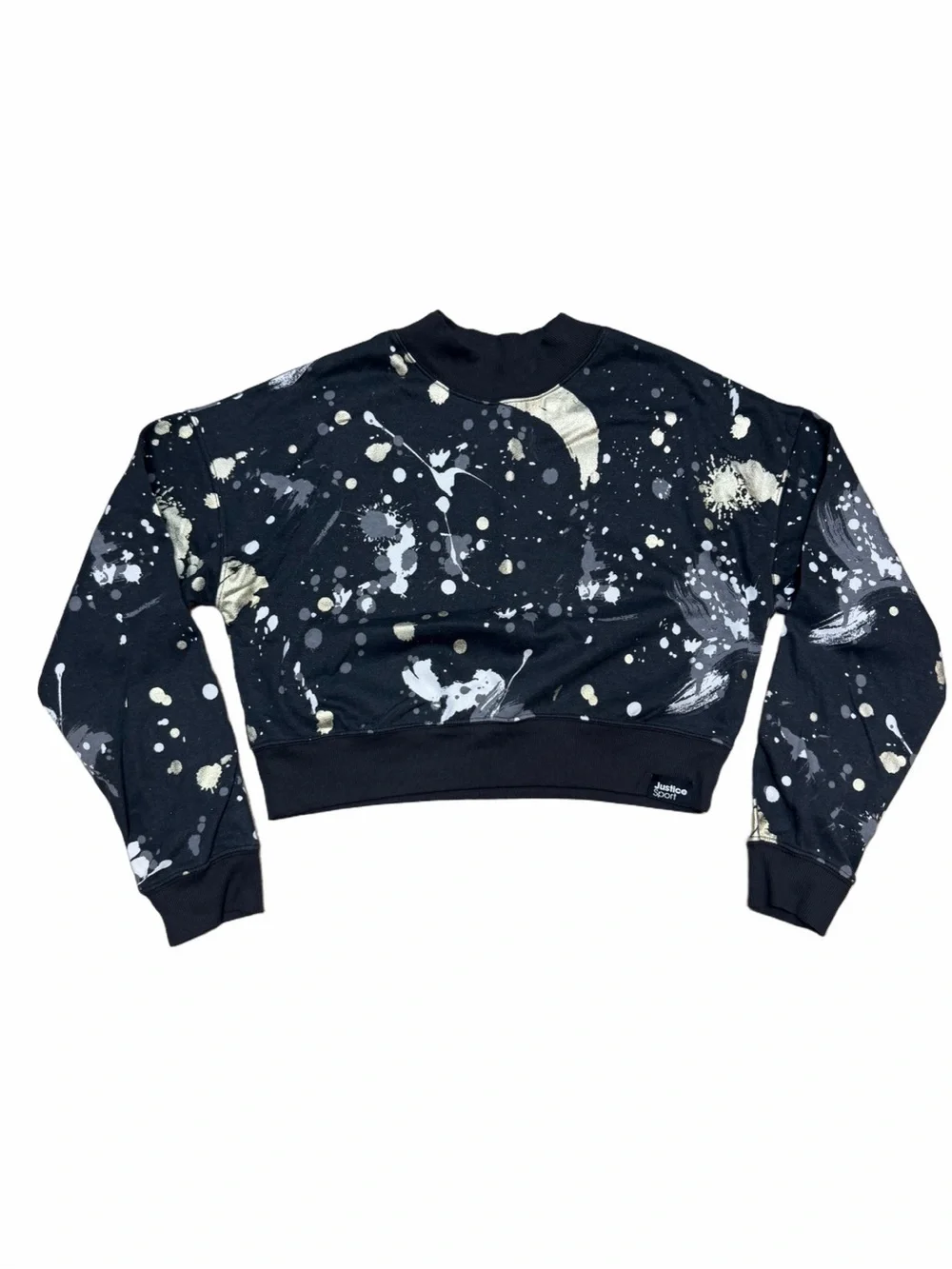 Justice Sport girls XL 16/18 black white paint splatter cropped sweatshirt